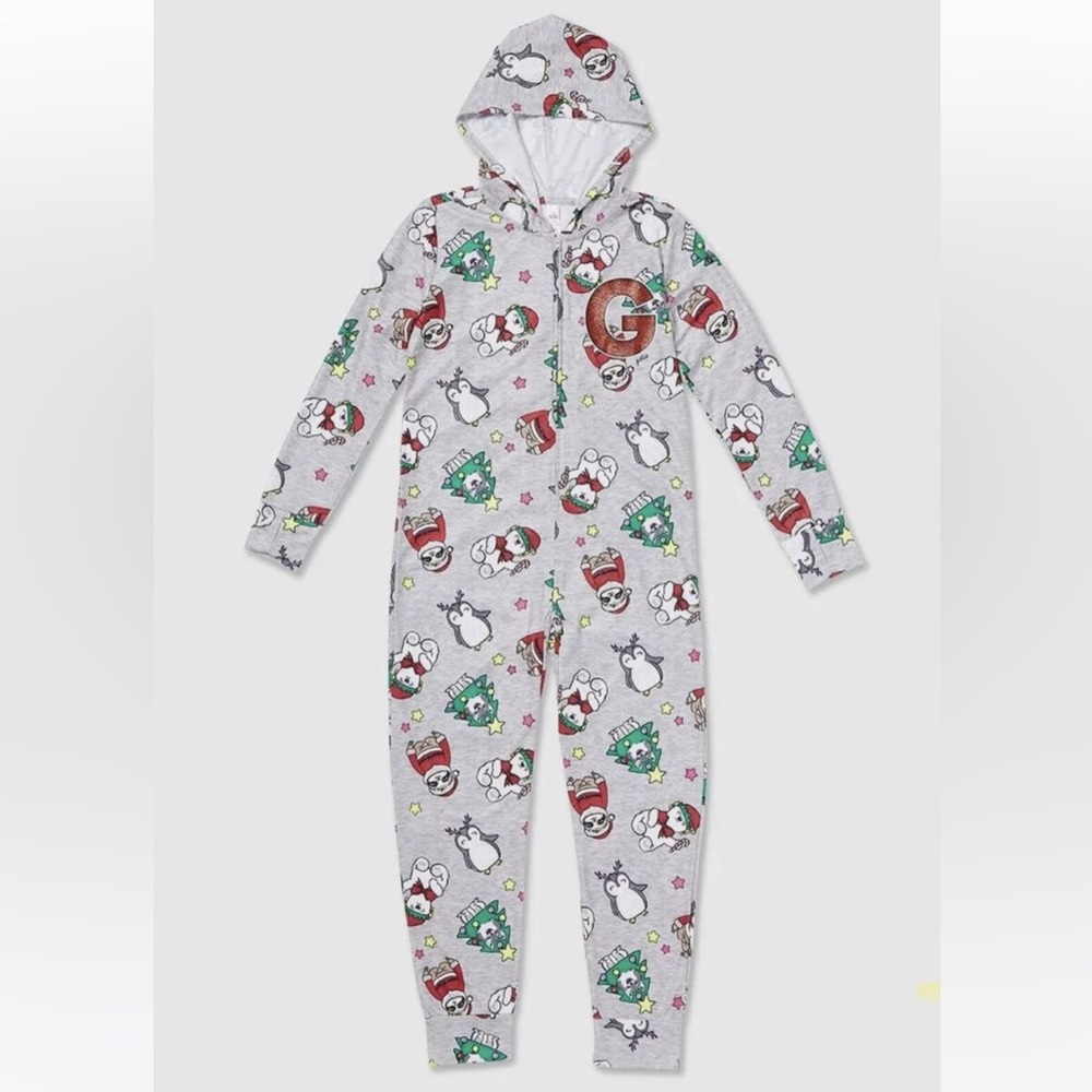 INITIAL L CHRISTMAS girls grey hooded one piece pajamas size 8 sloths penguin
